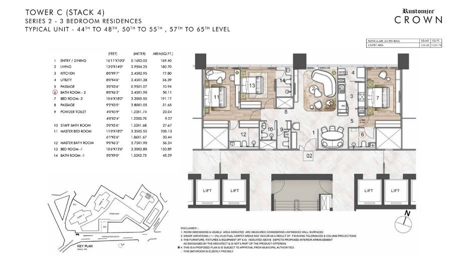 Rustomjee-Crown-Floor-Plan-3 BHK-1334Sqft